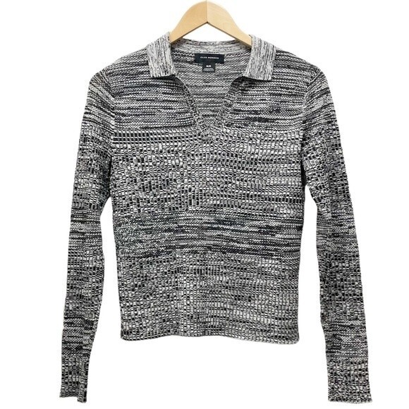 Club Monaco Sweater Black & White Mix Stitch Johnny Collar Pullover Size Medium - Picture 4 of 16